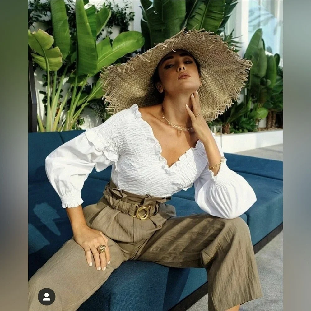 Zara White Crop Top Smocked Shirred Detail Blouse Bloggers Favorite